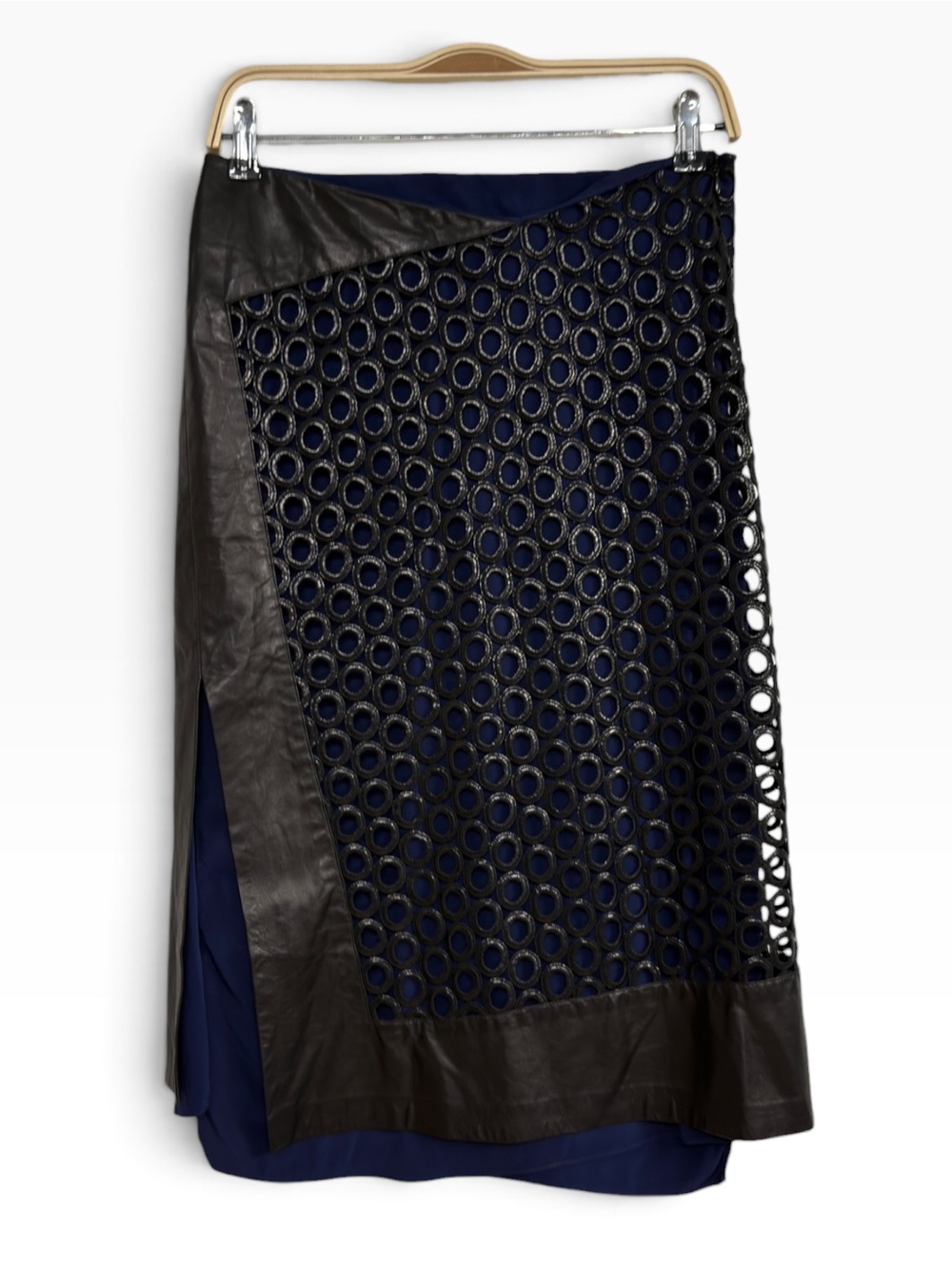 Reed Krakoff Spring 2015 Black Leather Navy Laser Cut Wrap Midi Skirt Size 28